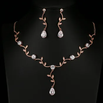 

SLBRIDAL Rose Gold Crystal Rhinestones Cubic Zircon Wedding Jewelry Set Bridal CZ Necklace Earring Set Bridesmaids Women Jewelry