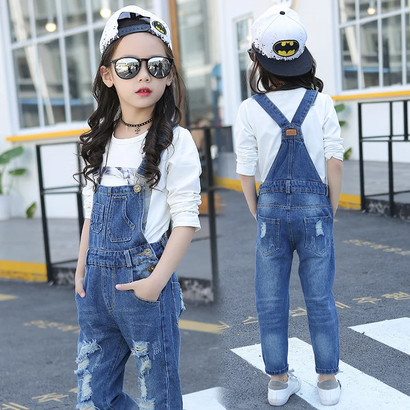 

2017 Spring Children Clothing Girl Ripped Denim Overalls Kids Suspender Trousers Children Jeans Overalls Big Girls Denim Jeans