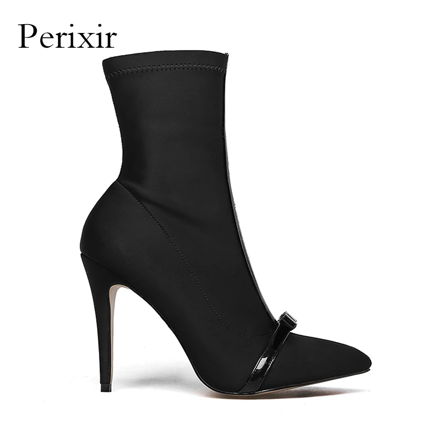

Perixir thin high heels for shoes women ankle boots lycra pointed toe butterfly knot casual zipper laides botas boots