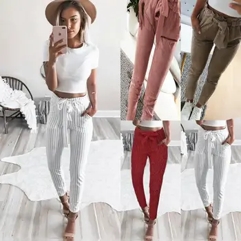 

2019 Fashion Striped Strechy Elastic High Waist Pants Slim Long Trousers Women's Casual Capris Pockets Pencil Pants