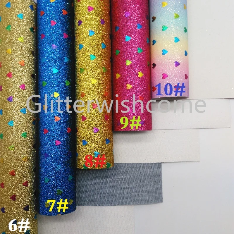 Glitterwishcome 21X29CM A4 Size Vinyl For Bows Printed Hearts Glitter Leather Fabirc Faux Leather Sheets for Bows, GM370A