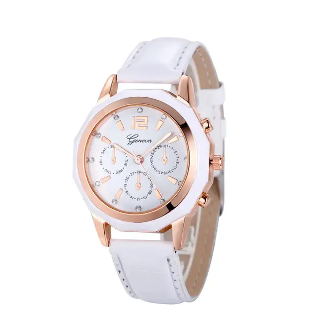new fashion geneva women leather band stainless steel quartz analog wrist watch