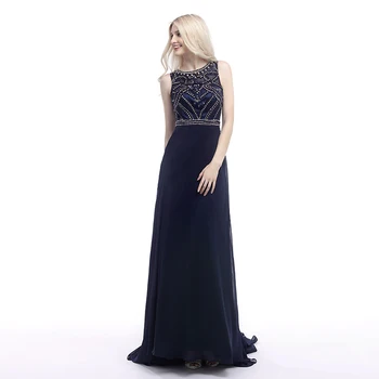 

Actual Pictures Navy Blue Evening Dress A Line Sleeveless Beaded Crystals Long Formal Party Gown Plus Size