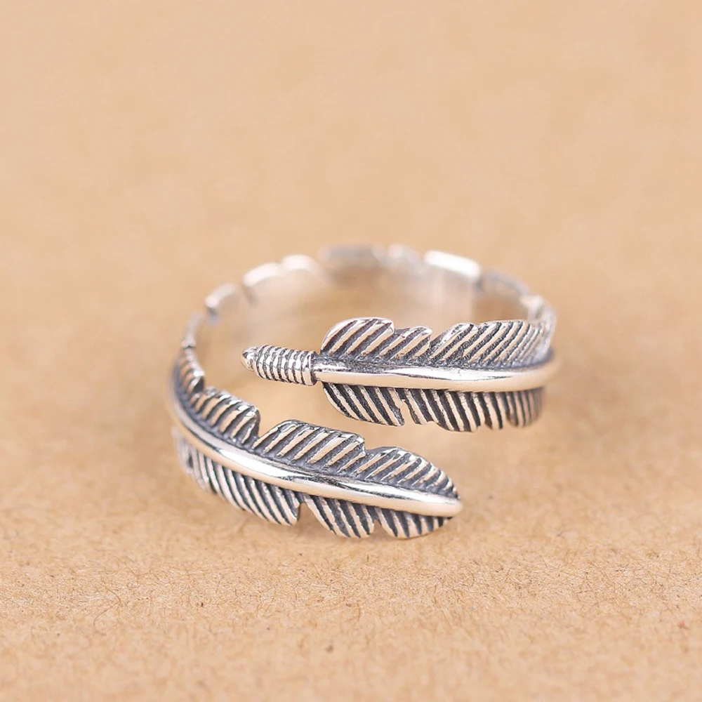 

Authentic 925 Sterling Silver Ring Fashion Retro Feather Adjustable Open Rings For Women Jewelry