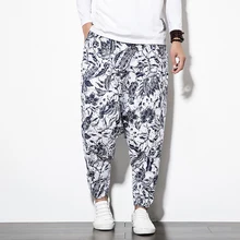 Мужские хлопковые льняные шаровары, винтажные Хип-Хоп Мешковатые широкие брюки, уличная одежда размера плюс, цветочные брюки в стиле бохо, Мужские штаны с крестиками 5XL