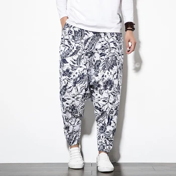 

Men Cotton Linen Harem Pants Vintage Hip Hop Baggy Wide Leg Pants Streetwear Plus Size Floral Boho Trousers Male Cross Pants 5XL