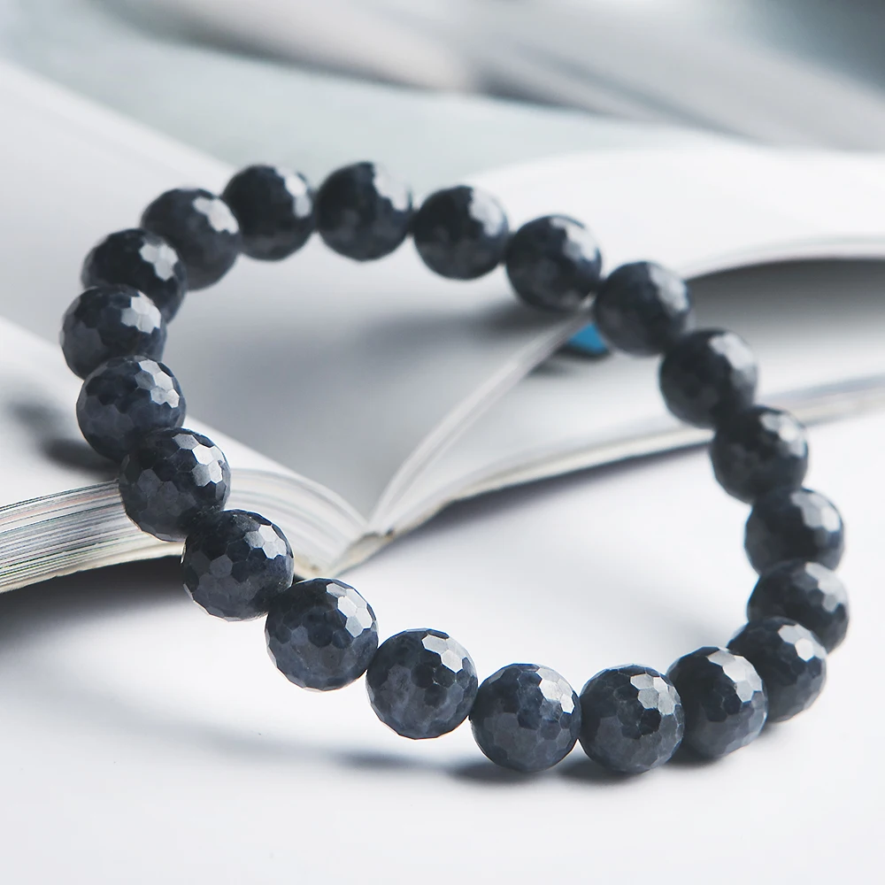Натуральный голубой сапфир браслеты из цветных камней растягивающийся Кристальный круглой огранки бусины браслет для женщин мужчин 9 мм 10