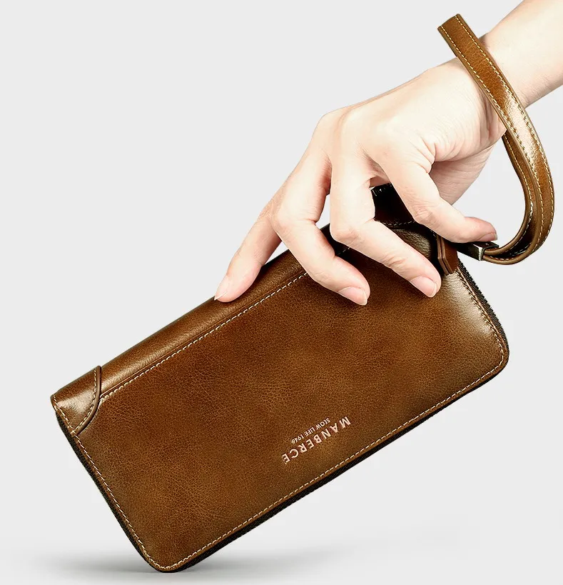 

Top Quality Oil Wax Leather Men Wallets Fashion Male Clutch Purse Long Coin Purse Genuine Leather Card Holder Wallet Wristlet