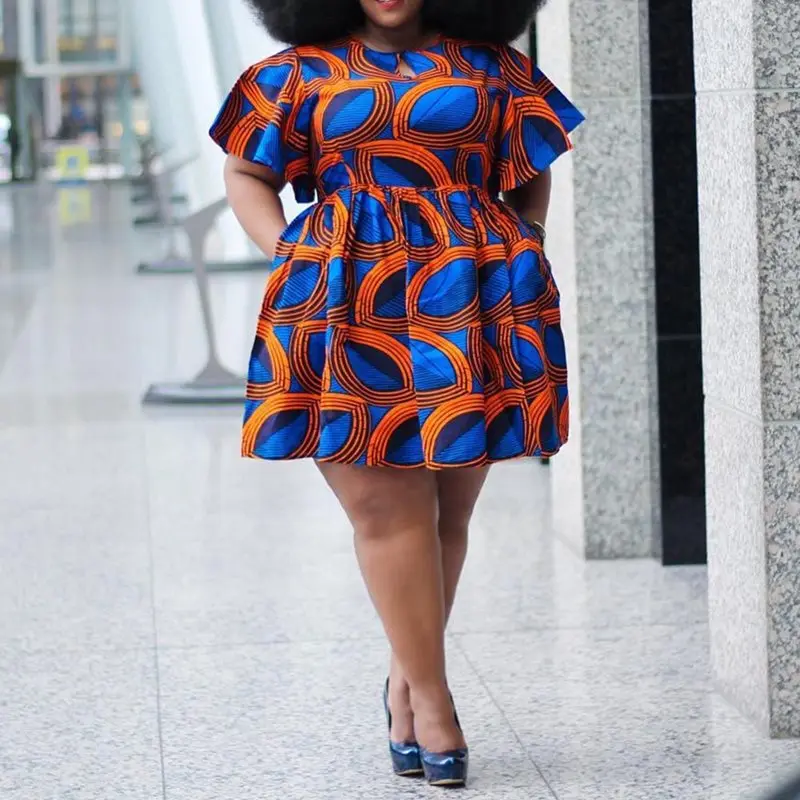 

African Casual Plus Size Summer Dresses Women Flare Sleeve Sexy Fashion Printed A Line Swing Ladies Street Oversize Short Dress