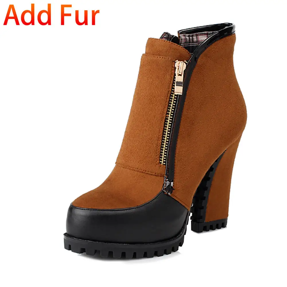 SARAIRIS/ г.,, большой размер 41, ботильоны женская обувь зимние плюшевые полусапожки на высоком каблуке, женская обувь - Цвет: camel add plush