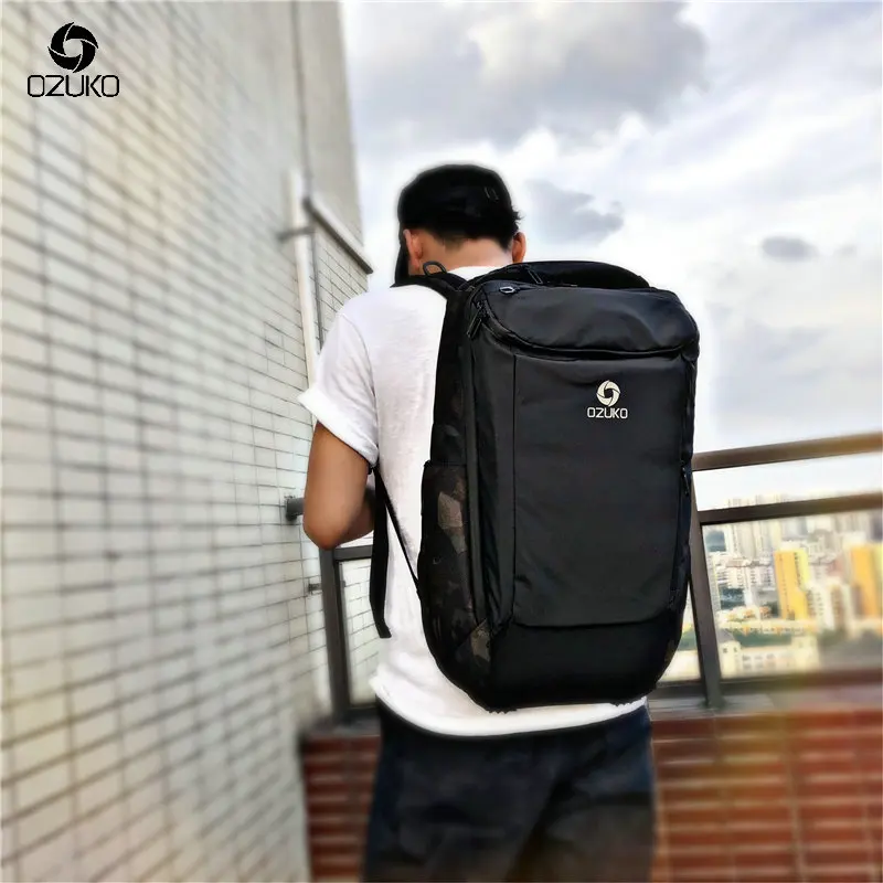

OZUKO Large Capacity 15.6" 17.3" Laptop Bag Man USB Design Backpacks Black Backpack Solid color Travel Luggage Bags Rain Cover