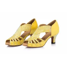 Женские туфли для Бальных и латиноамериканских танцев; цвет синий, желтый; туфли для сальсы; женские вечерние туфли для танцев на высоком каблуке 6/7, 5 см; мягкая подошва; 1816