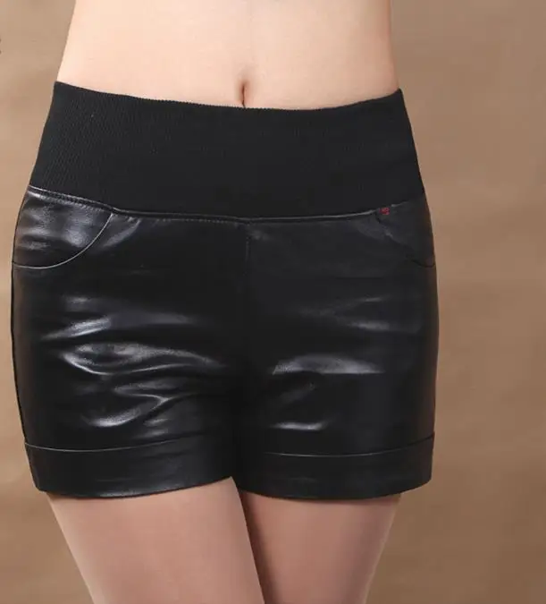 

Hot Sale Women's Black Elastic Waist Shorts Slim Sexy Style Genuine Leather Shorts High Quality Sheepskin