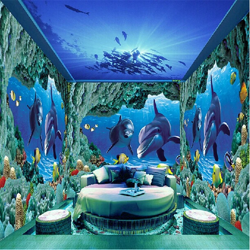 

beibehang World photo murals wall paper papel de parede 3d Dolphins seabed TV backdrop mural wall sticker wallpaper wallpaper