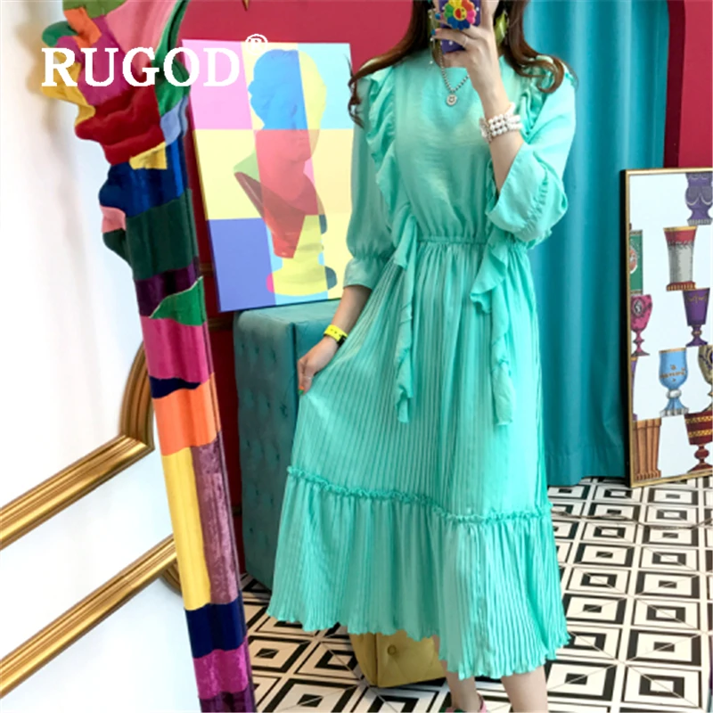 RUGOD Ruffles однотонное женское винтажное платье миди модное с рукавом три четверти
