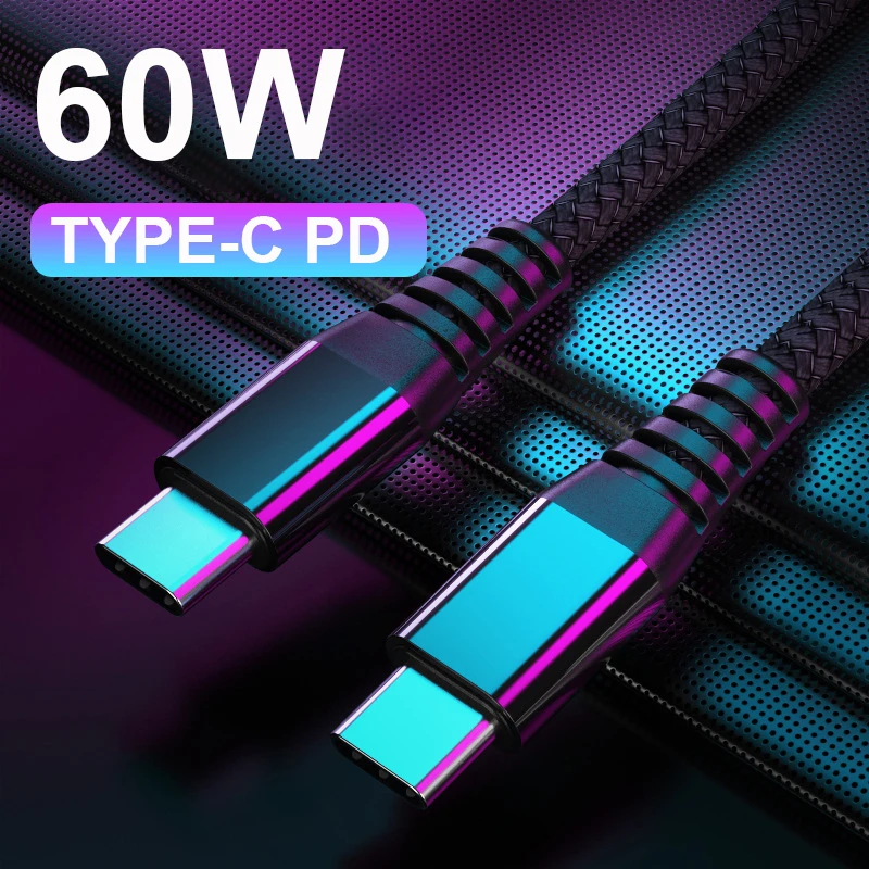 Double USB Type-c cable PD 60W cable fast charging 1.2 m braided data line for xiaomi huawei phone notebook