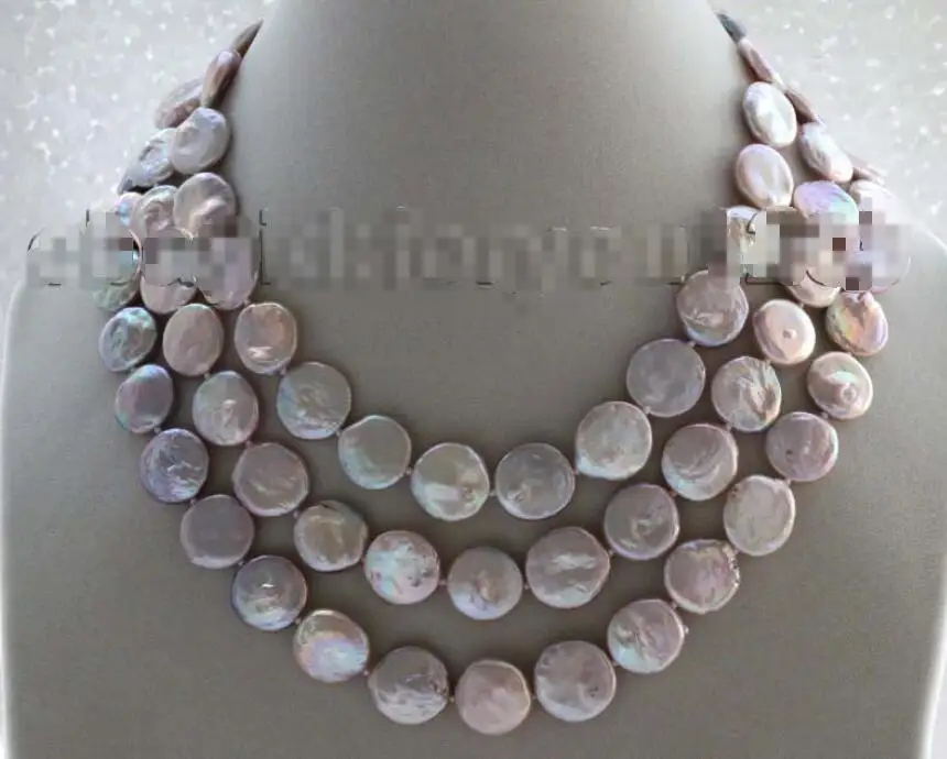 

Free shipping hot sale Women Bridal Wedding Jewelry >>17-18-19" 3Rows Genuine Natural 16mm Purple Coin Pearl Necklace #f1795