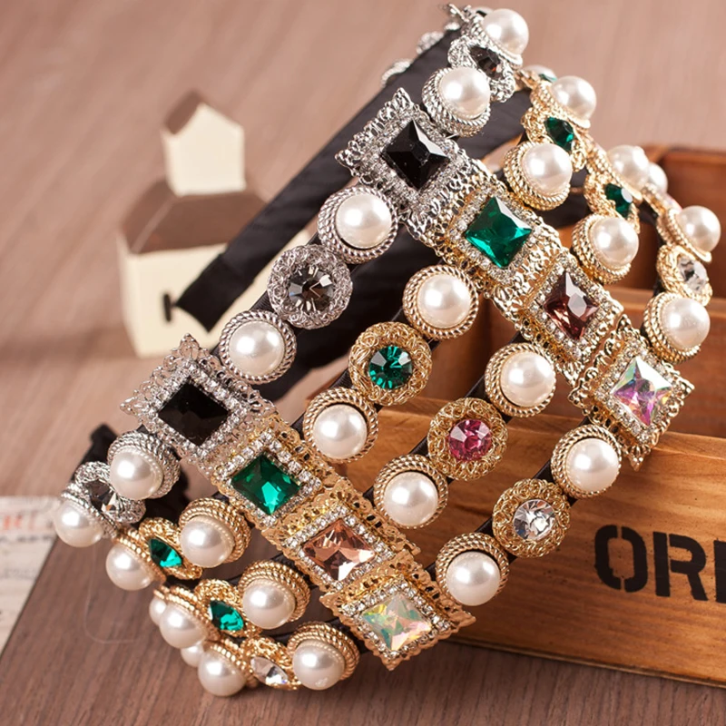 

Luxury Baroque Crystal Headband Headdress Pearl Hair Jewelry For Women Bridal Tiara Queen Crown Wedding Gold Hair Accessories