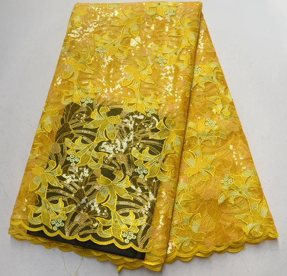 

2019 New Yellow color African Organza Lace Fabric High Quality Fashion African Guipure Lace Fabric With sequins For Women Dress