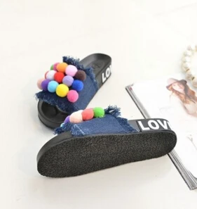 PomPom Sandal Лето г. шлепанцы женские босоножки с кисточками; обувь с маленькими пушистыми помпончиками для флип-флоп в ковбойском стиле обувь на платформе z120 - Цвет: 3