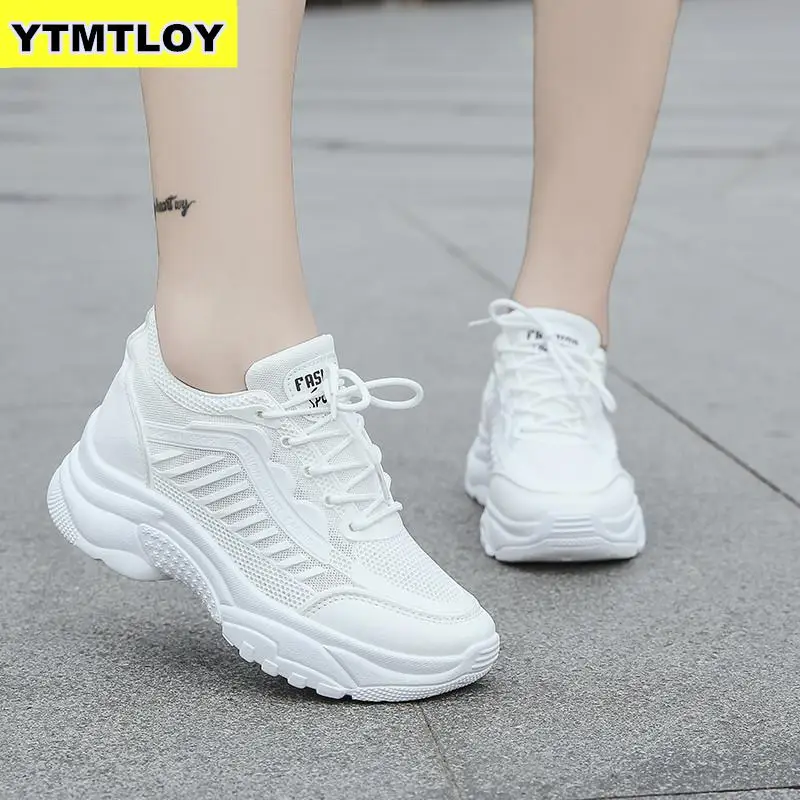 

Women Platform Sneakers 2019 Summer Breathable Mesh Shoes Wedges Heels Casual 10 CM Thick Sole Trainers White Chunky Zapatillas