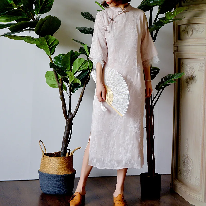 

Johnature Chinese Style Plate Buckle Floral Print Cheongsam Vintage Dresses 2019 Summer New Half Sleeve Stand Women Dresses