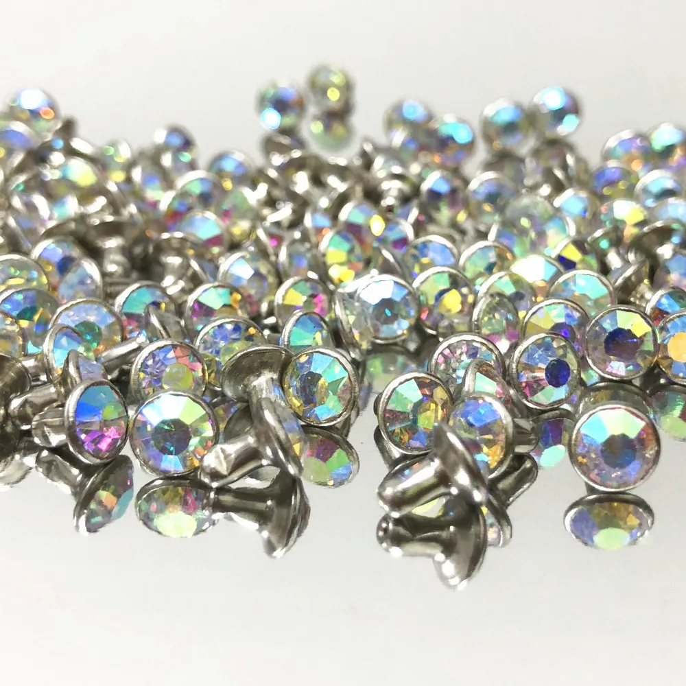 

6MM 50Sets CZ++ White Clear AB Crystal AB Plated Rapid Rivets Silver Plated Studs Assorted Cabochon Rivets Fit for Leather-Craft