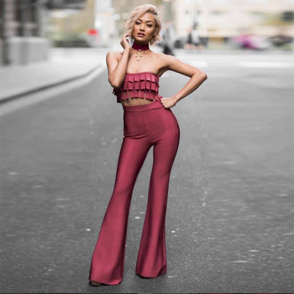 

2018 Newest Spring Bandage Jumpsuit Women Celebrity Party 2 Two Piece Set Full Length Sexy Runway Night Out Flare Pants Women