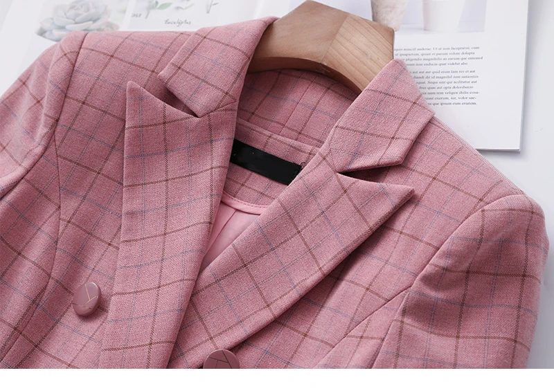 Women Pant Suit Two Pieces Set Size S-5XL Pink Brown Plaid Jacket Blazer With Plaid Trouser Sets Casual Fashion Suits