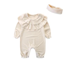 Осень и Зима корейской Дети комбинезоны для девочек оборками сладкие детские комбинезоны Шорты для девочек повязка на голову