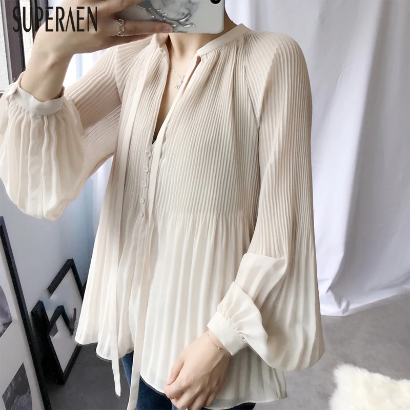  SuperAen 2019 Summer New Fashion Women Chiffon Shirt V-neck Solid Color Ladies Blouses and Tops Lon