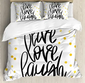 

Live Laugh Love Duvet Cover Set Stylized Hand Lettering on Dotted Backdrop Inspirational Phrase 4 Piece Bedding Set