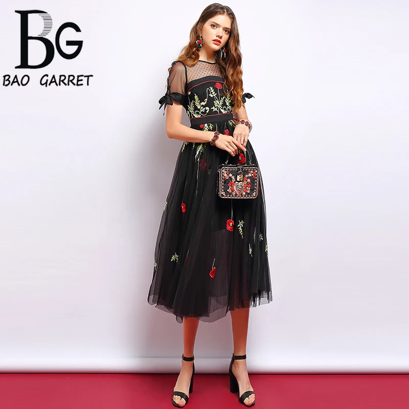 

Baogarret Fashion Runway Summer Dress Women's Short Sleeve Flower Embroidery Mesh Overlay Elegant Vintage Midi Dresses 2019
