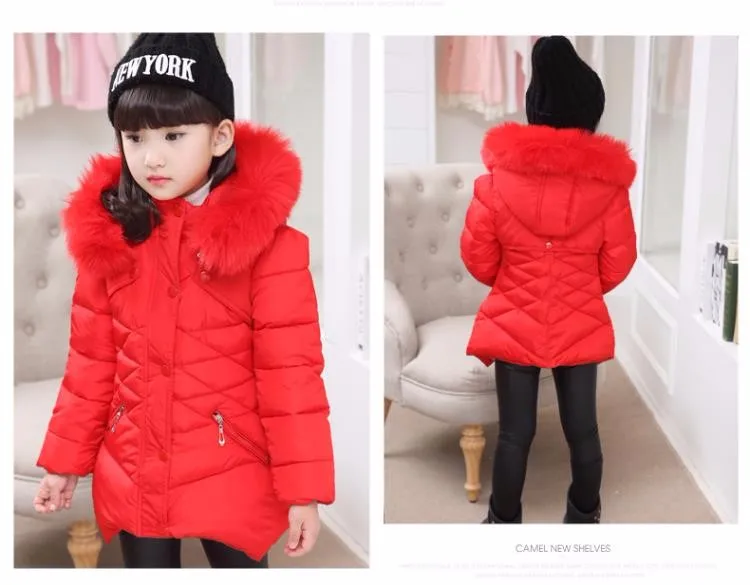 Зимнее пальто для девочек с меховым капюшоном длинная подростковая зимняя куртка для девочек пуховик парка теплая толстая одежда для детей JW0604