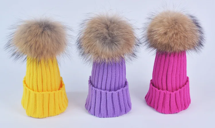 Модные детские зимние шапки из меха енота натуральная 15 см шапка с меховым помпоном шапка из натурального меха для детей