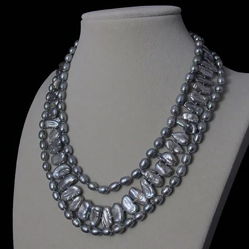 

Unique Pearls jewellery Store,Gray Color Genuine Freshwater Pearl Necklace 3 Rows,Real Pearl Jewelry,Magnet Clasp