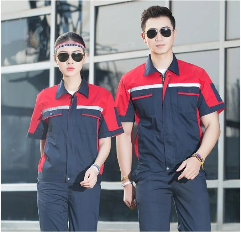 Summer short Sleeve Factory uniform Sets Contrast Color match Protective cloths Labour Wear Auto Repair man work Cloth Top Pants