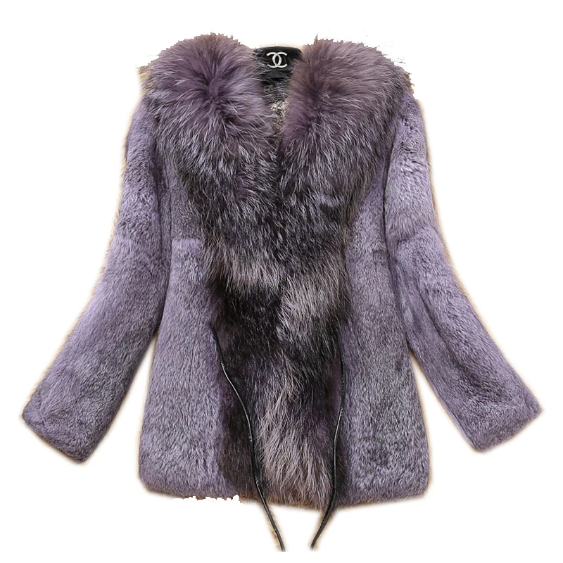 

Free Shipping Genuine Rabbit Fur Coat with big collar natural rabbit fur jacket Women short Rabbit Fur coat with raccoon
