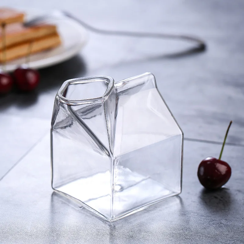 

250ml creative glass milk breakfast cup Japanese milk box mug Square cute single layer green juice cup Children's breakfast mug