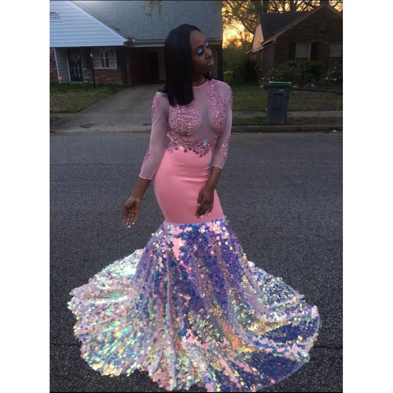 Sexy Long Mermaid Prom Dresses New Black Girl Open Back Three Quarter See Though Sequined Formal Evening Dress Party Gowns | Свадьбы и