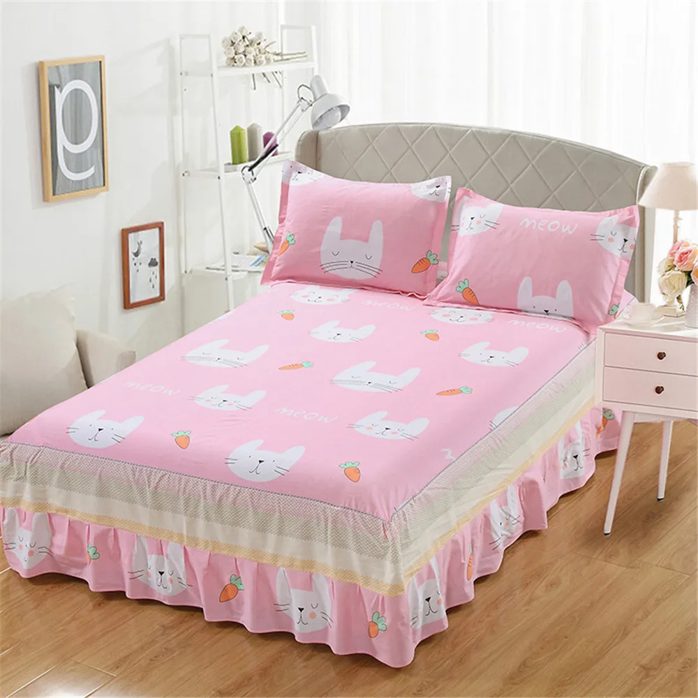 

Pink white rabbit Bed skirts printed Cotton twin queen king size 3pcs bed skirts bedspread elastic Single double kids girl gift