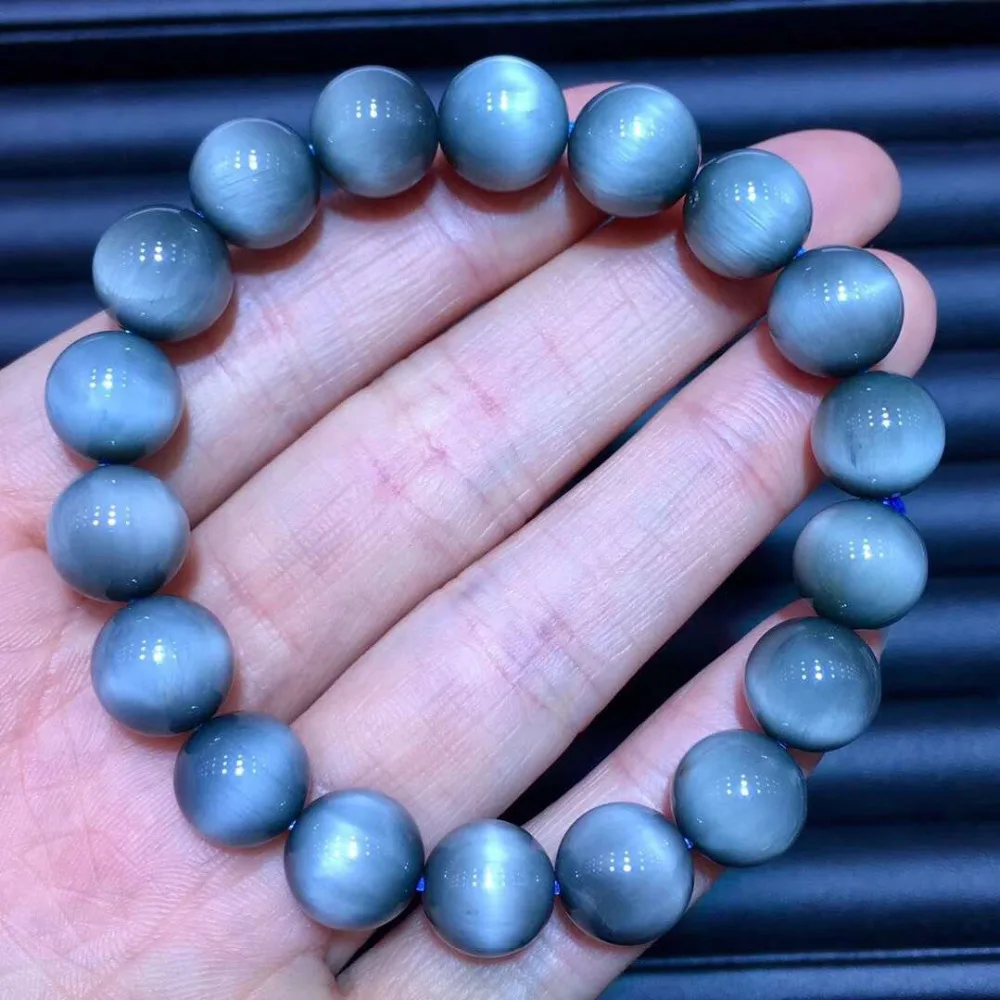 

10.5mm Genuine Natural Blue Rutilated Quartz Crystal Bracelet Brazil Round Beads Gemstone For Woman Lady Gift Cat Eye Bracelets