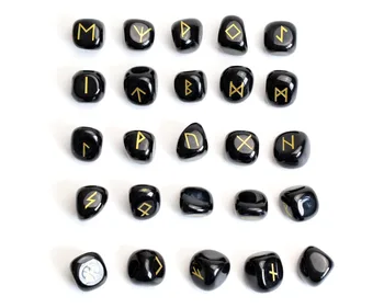 

Set of 25 Natural Black Agate Rune Stones Engraved Pagan Lettering Wiccan Set with a Free Velvet Pouch