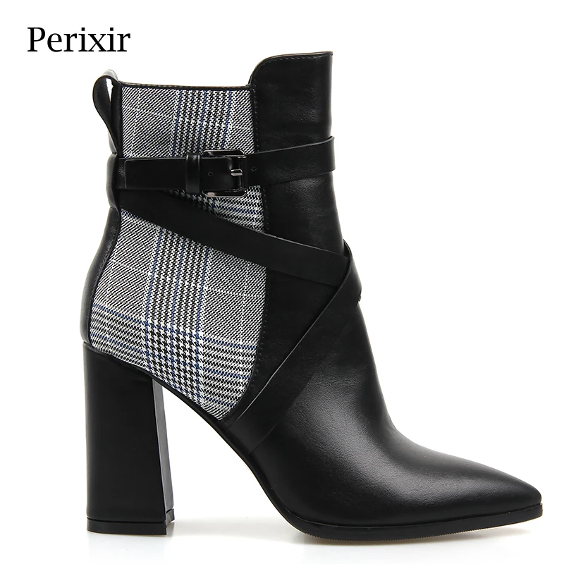 

Perixir Women Winter PU Cotton Fabric Ankle Boots Plaid Pattern Short Plush Pointed Toe Basic Square Heel Ankle Short Boots