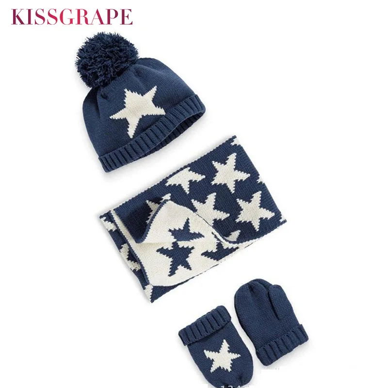 Зимний Теплый детский шарф, шапка, наборы перчаток, вязаные шапки для маленьких мальчиков, помпоны, звезды, Детские утепленные шапки, шапочки, варежки, набор