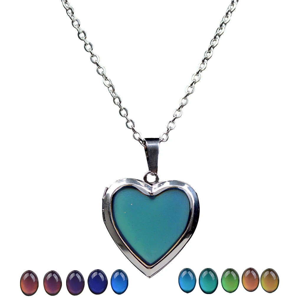 Feeling Mood Sensitive Color Changing Pendant Necklace Photo Locket Keepsake Stainless Steel Chain Love Heart Pendant Jewelry