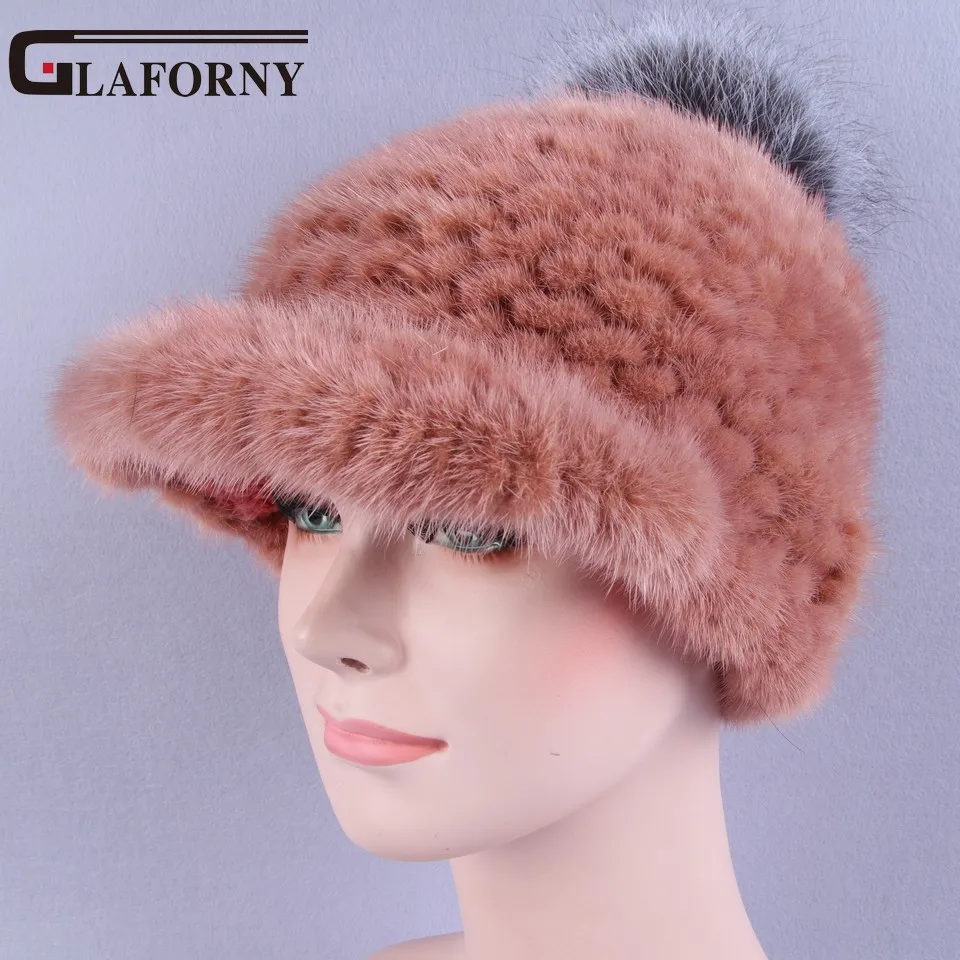 

Glaforny 2017 New Women Genuine Mink Fur Hats Knitted Fur Visors with Silver Fox Fur Pompoms Striped Winter Fur Caps for Russian