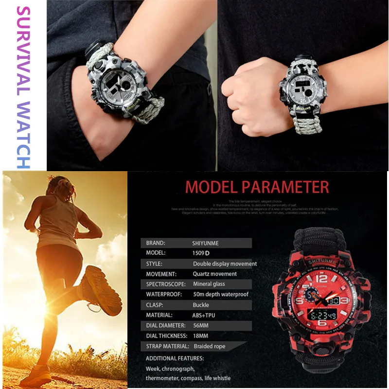 Günstige Outdoor Survival Uhr Wasserdicht EDC Erste Hilfe Kits Notfall Getriebe Camping Paracord Armband Messer Kompass Pfeife Thermometer