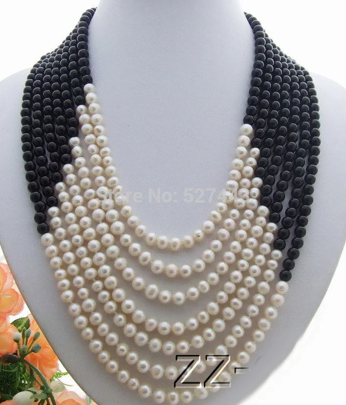 

Wholesale 7Strds 6-7mm White Pearl&Onyx Necklace