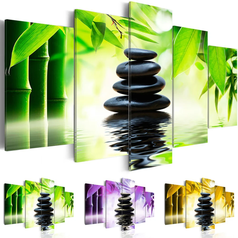 

Home Decoration Modular Picture Canvas 5 Pieces Bamboo Zen Stone Painting Modern Hd Printed Poster Wall Art Living Room Framed